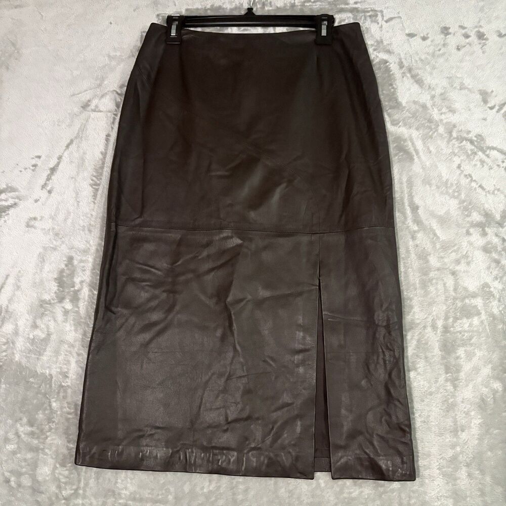 Emanuel Ungaro Women’s Dark Brown 100% Genuine Leather Midi Skirt Size 8 / 42